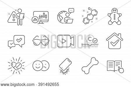 Like, Video Camera And Smartphone Broken Line Icons Set. Candlestick Chart, Chemical Formula And Dog