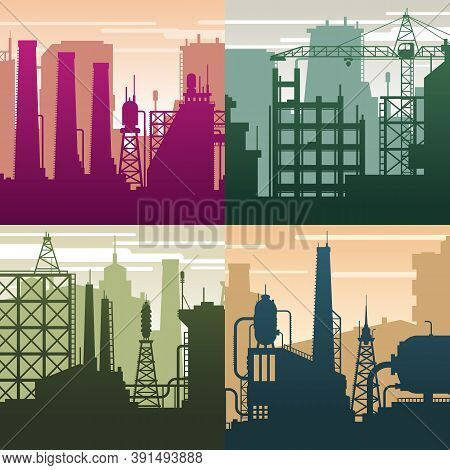 Modern Industrial Landscapes. Buildings Silhouettes, Oil Gas Industry. Environment And Ecological Si