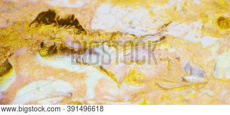 Golden And Pink Colors With Gliterring Particles. Mixed Acrylic Paints. Diffusion Contemporary Art. 