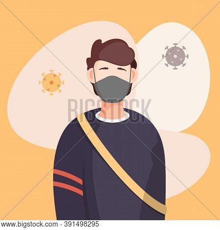 Covid-19, Portrait Of Man In Respiratory Medical Mask, Flying Virus Pathogen Around. Spreading Virus