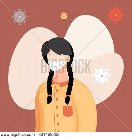 Covid-19, Portrait Of Woman In Respiratory Medical Mask, Flying Virus Pathogen Around. Spreading Vir