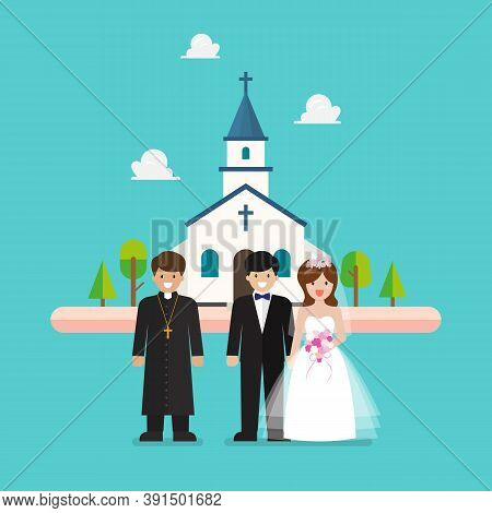 Wedding Ceremony At Church In Flat Style. Priest And Wedding Couple Are Standing In Front Of Church.