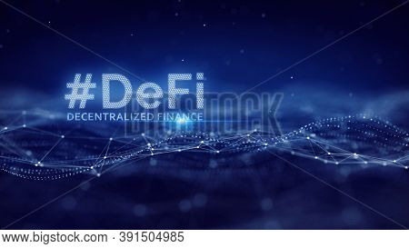 DeFi -Decentralized Finance on dark blue abstract polygonal background. Concept of blockchain, decentralized financial system. 3d rendering