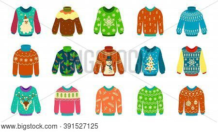 Knitted Sweater. Woolen Ugly Jumpers With Christmas Patterns, Pullover Stylish Holiday Design, New Y