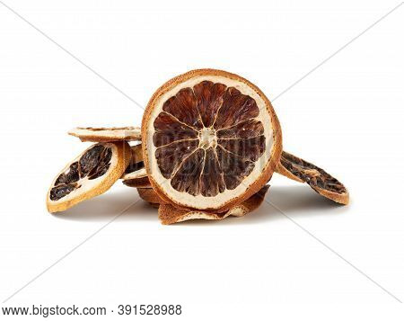 Dry Round Orange Slices Isolated On White Background, Close Iup