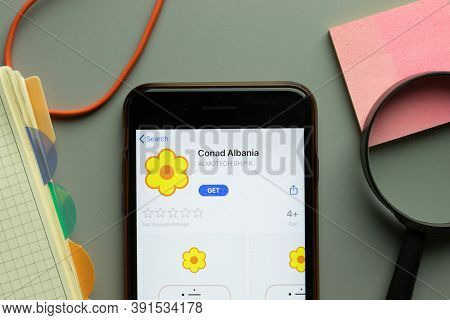 New York, Usa - 26 October 2020: Conad Albania Mobile App Logo On Phone Screen Close Up, Illustrativ