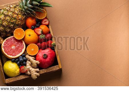 Selection Of Fresh Fruit With Vitamin C, Natural Ingredients To Boost Immune System. Organic Food Fo