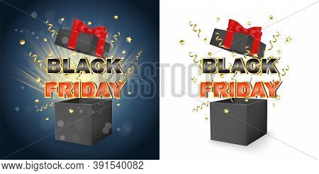 Black Friday Promotion Sale Box With Surprise. Black Gift Box With Red Bow And Ribbon. 3d Vector Con