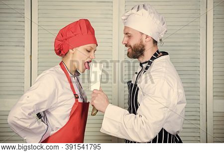 Dangerous Lick. Chef Hold Cleaver Knife Tool While Woman Lick Blade. Cooking Is Sexy. Sharp Knife Pr