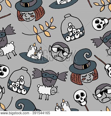 Halloween Black Silhouettes. Happy Halloween Vector Night Icons, Bat And Skeleton, Owl And Ghost