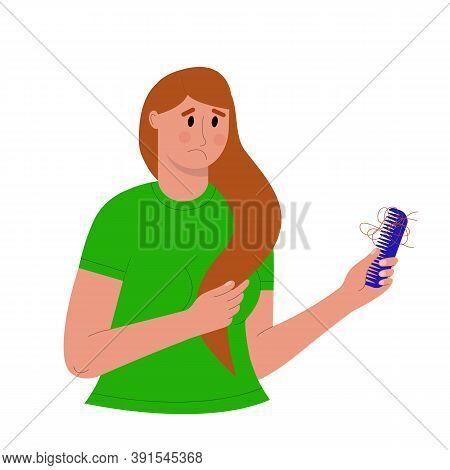 Sad Woman Holding Comb With Falling Out Hair. Hair Loss And Fall, Alopecia, Baldness Problem. Vector