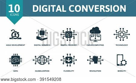 Digital Convertion Icon Set. Collection Contain Agile Development, Digital Services, Digital Product