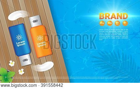 Sunscreen Lotion On Wood Floor Decorate Flower And Leaf With Sea And Sun Background