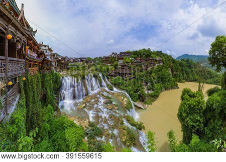 Furong ancient village and waterfall - Hunan China - travel background