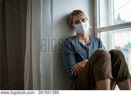 Woman Indoors At Home Feeling Stressed, Mental Health And Coronavirus Concept.