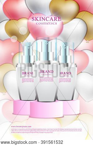 Cosmetic Promotion Poster Display Stand With Cute Background And Heart Shaped Balloons