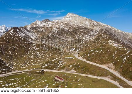 Beautiful panorama of the Gotthard Pass in the Swiss mountains in Ticino. Sunny day, nobody inside