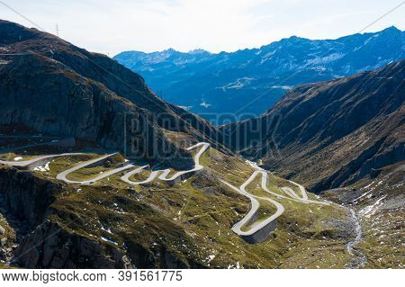 Tremola road on the Gotthard Pass in the Swiss mountains. Sunny day, nobody inside