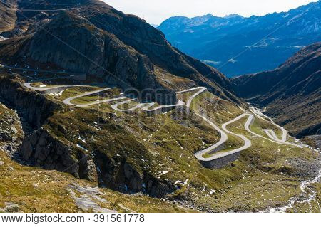 Tremola road on the Gotthard Pass in the Swiss mountains. Sunny day, nobody inside