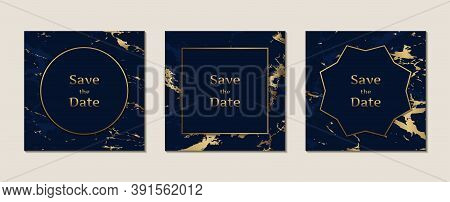 Dark Blue Marble Pattern Wedding Invitation Card In Square Shape With Gold Frame Template