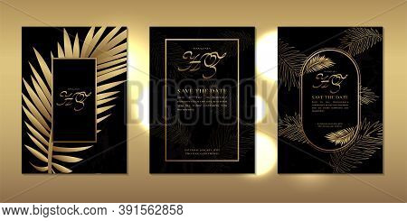 Luxury Wedding Invitation Card Decorated With Golden Leaves And Beautiful Frame Template