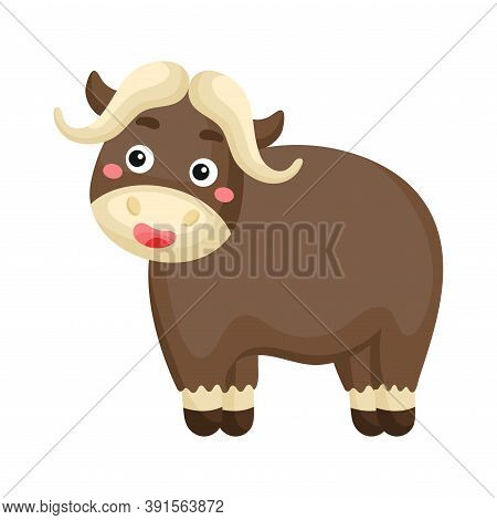 Cute Funny Musk Ox Print On White Background. Woodland Cartoon Animal Character For Design Of Album,