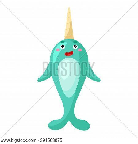 Cute Funny Narwal Print On White Background. Ocean Cartoon Animal Character For Design Of Album, Scr