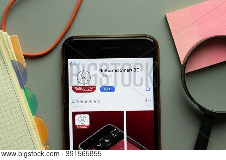 New York, Usa - 26 October 2020: Resound Smart 3d Mobile App Logo On Phone Screen Close Up, Illustra