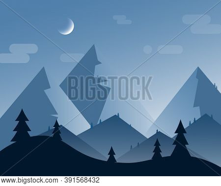 Nature Landscape With Fir Trees And Hill Peaks Silhouettes On Horizon