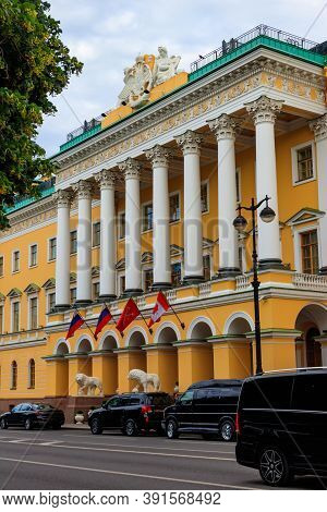 Facade Of Lobanov-rostovsky Palace, Also Known As House With Lions In St. Petersburg, Russia. Constr
