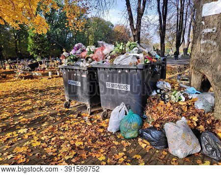 Bytom, Poland - October 25, 2020: Waste Bins At A Cemetery During Week Before All Saints Day (wszyst