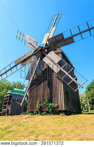 Old Wooden Windmills In Pyrohiv (pirogovo) Village Near Kiev, Ukraine