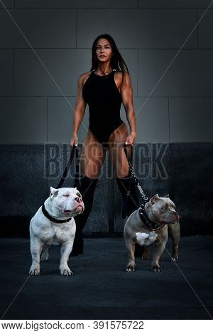Sexy And Srong Brunette Woman Posing With Bully Dog On City Street, Looking At Camera.