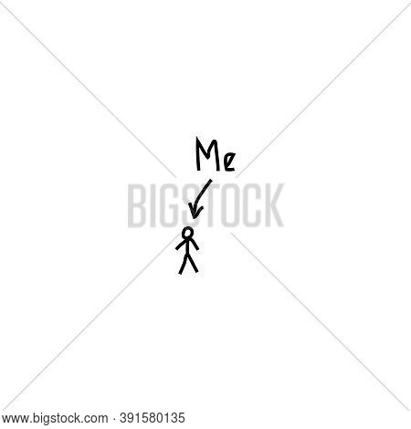 Thats Me Doodle. Abstract Figure Man With Curved Arrow Pointer Cheerful Character Drawn With Black O