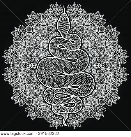 Coiled Snake Over Floral Mandala Detailed Illustration. Tribal Serpent In White Isolated Over Black 