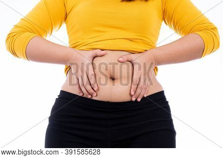 Fat Woman Holding Excessive Fat Belly, Overweight Fatty Belly Isolated White Background. Diet Lifest
