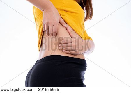 Fat Woman Holding Excessive Lower Back, Overweight Fatty Isolated White Background. Diet Lifestyle, 