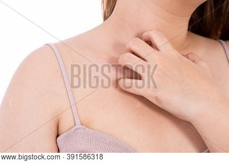 Female Scratching Her Chest Isolated White Background. Medical, Healthcare For Advertising Concept.