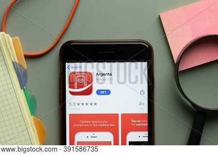 New York, Usa - 26 October 2020: Argenta Mobile App Logo On Phone Screen Close Up, Illustrative Edit