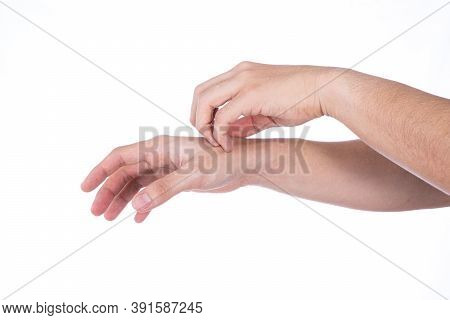 Man Hand Scratching His Hand Isolated White Background. Medical, Healthcare For Advertising Concept.