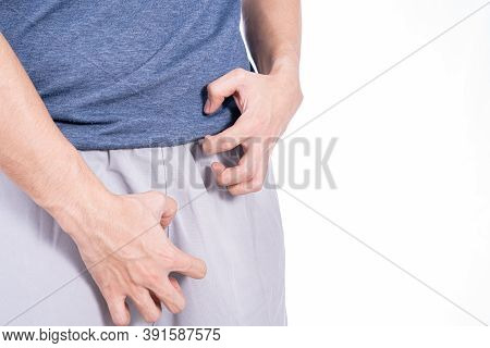 Man Hands Scratching His Crotch Isolated White Background. Medical, Healthcare For Advertising Conce