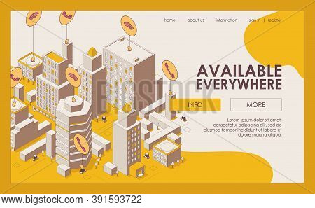 Concept Landing Page With City Full Of Calls, Wi-fi And Cars. Outline Isometric Illustration.