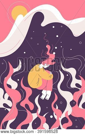 Young Woman Sinks In The Sea Of Depression. Concept Character Design In Pink And Yellow Colors. Sadn
