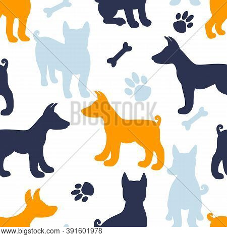 Dog Silhouette Seamless Pattern. Print Template Texture About Dogs. Vector Illustration Isolated On 