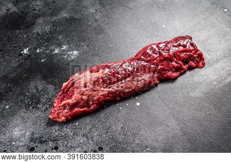 Raw Top Blade, Denver Steak. Black Background. Top View.