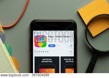 New York, Usa - 26 October 2020: Famy Online Tracker Mobile App Logo On Phone Screen Close Up, Illus