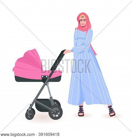 Young Arab Mother Walking With Newborn Baby In Stroller Motherhood Concept Full Length Vector Illust