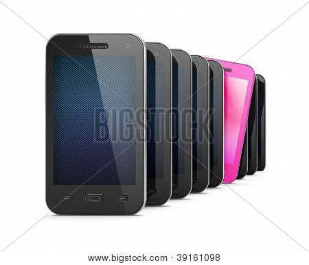 Beautiful pink smartphone among many black smartphones