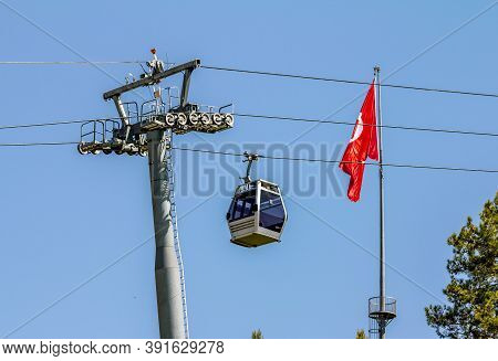 Alania.turkey.september 4, 2020.the Funicular To The Fortress And Turkish Flag In Alanya In Turkey