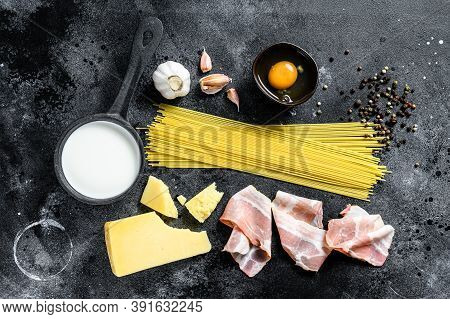 Traidtional Italian Pasta Carbonara Ingredients. Bacon, Spaghetti, Parmesan And Pecorino Cheese, Egg